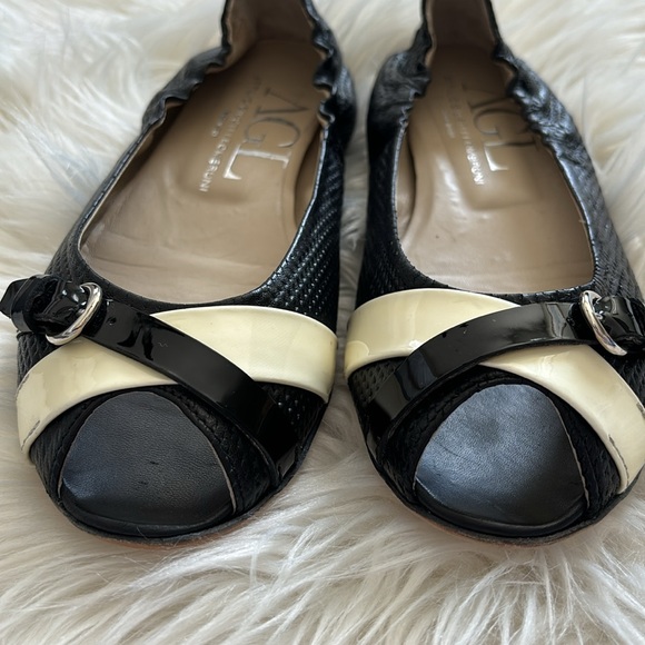 AGL Leather Two-Toned Peep Toe Flats Black/Cream 39.5 - Picture 6 of 10